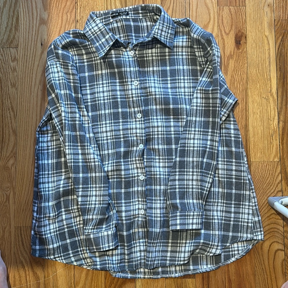 Shein Light Gray and White Button Down Flannel